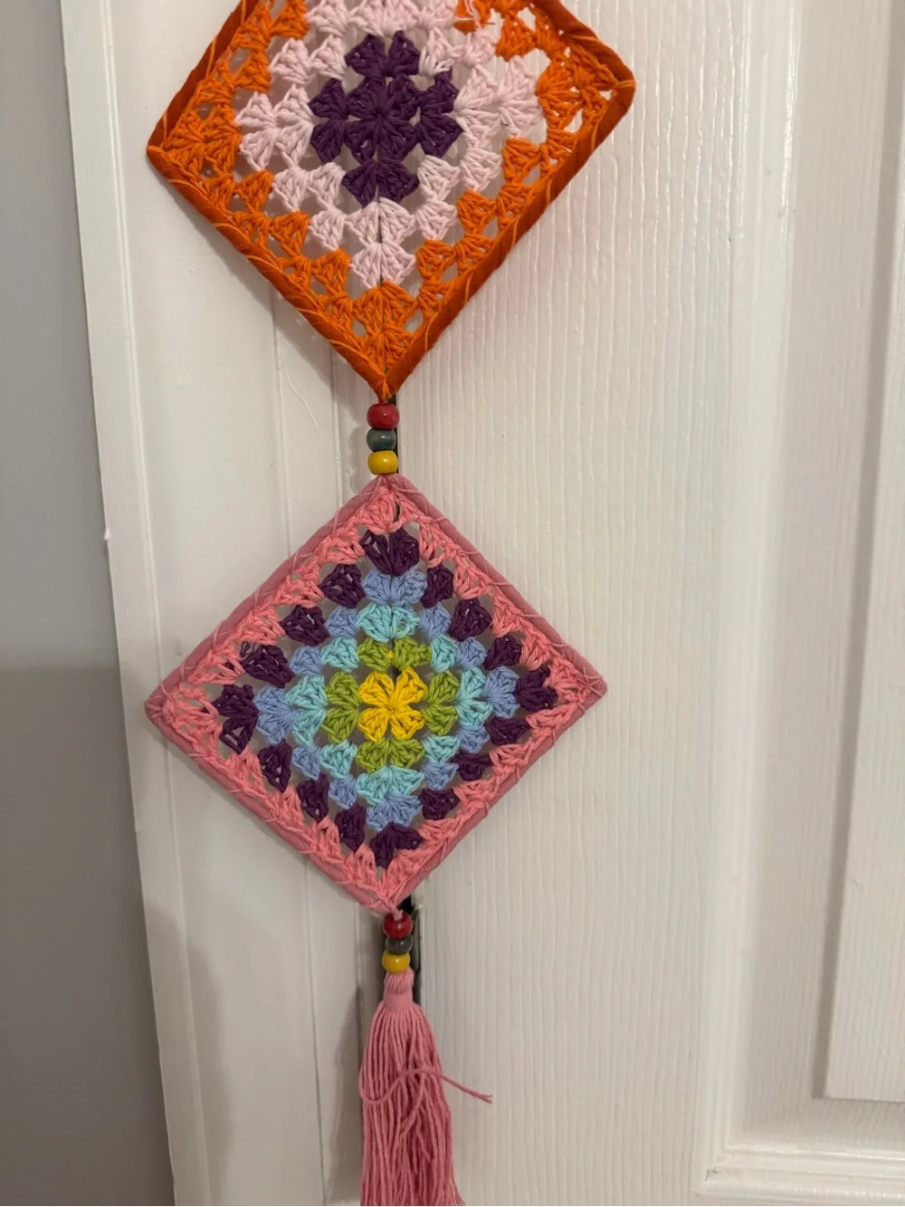 Handmade Multicolor Crochet Diamond Wall Tapestry - Colorful Boho Hanging